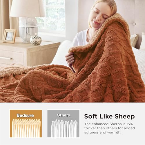 Bedsure Gentlesoft Sherpa Fleece Blanket Twin Size for Bed - Fluffy & Cozy Cable Jacquard Tufted for Women Gift, Thick and Warm Christmas Blanket for Winter, Orange, 60x80 Inches | Ultra-Soft, Cozy, Fuzzy for Fall, Winter, Ideal for Couch, Living Room, Gi