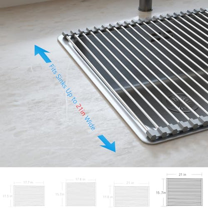 Tomorotec Roll Up Dish Drying Rack Over Sink, SUS304 Steel, 21x15.7, Gray | Heat Resistant to 550°F With Non-Slip Silicone Grips, Multipurpose Trivet for Hot Pots, Dishwasher Safe - size: 21" x 15.7"