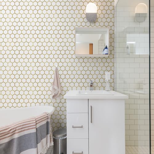 STICKGOO Hexagon Peel and Stick Backsplash Tile, Stick on Backsplash for Kitchen and Bathroom, Pure White PVC Mixed Metal Gold Self Adhesive Wall Tiles(10 Sheets, Seamless) - color: Pure White with Metal Gold