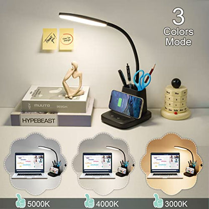 LED Desk Lamp with 10W Wireless Charging & Pen Holder, Black | CRI 95, 800LM, Stepless Dimming, 3 Modes, 360°Flexible Arm, Touch, Study Table Lamp for Home Office, Dorm Room, with Adapter - color: Black