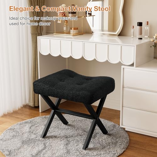 18-Inch Large Vanity Stool Chair, Black Makeup Stool | Teddy Flannel Vanity Bench, Metal X-Leg, 350 LBS, 20"x16.9"x18", Ottoman Accent Stool, Breathable Soft Padded Saddle Seat - size: Large, style: Black Fabric