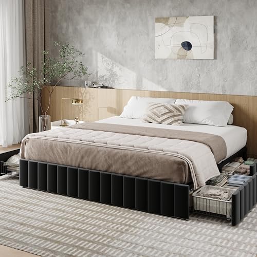 Allewie King Size Platform Bed Frame with 4 Large Storage Drawers, Velvet Vertical Channel Tufted Upholstered Bed Base, Wooden Slats Support, Noise-Free, No Box Spring Needed, Easy Assembly, Black - color: Black, size: King