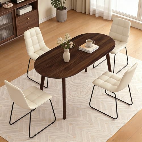 63" Oval Dining Table Set for 4 with Solid Wood Legs | 5 Piece Walnut Dining Table Set for Kitchen and Dining Room Furniture, 4 Beige Dining Chairs, Mid Century Modern - color: Walnut Table C-beige Chairs