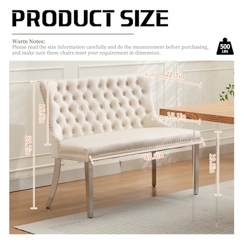 Beige Velvet Dining Bench with Back, Tufted Banquette Seating, Silver Legs | Upholstered loveseat bench; tufted back; nailhead trim; 500 lb capacity; foam and spring seat; dining room or entryway - color: Beige(silver Stainless Steel Legs)