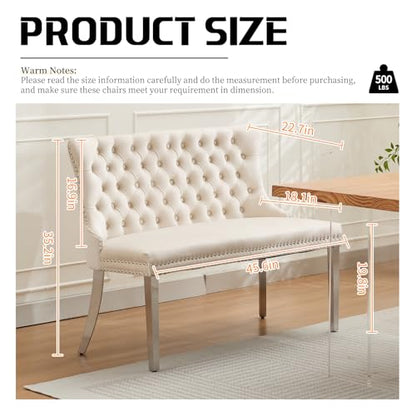Beige Velvet Dining Bench with Back, Tufted Banquette Seating, Silver Legs | Upholstered loveseat bench; tufted back; nailhead trim; 500 lb capacity; foam and spring seat; dining room or entryway - color: Beige(silver Stainless Steel Legs)