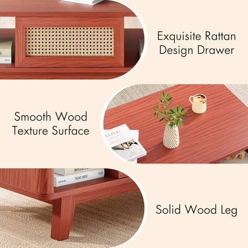 Coffee Table, Mid Century Living Room Tables with Storage, Modern Square with Rattan Drawer, Wooden Living Room Table with Solid Wood Leg - color: Cherry