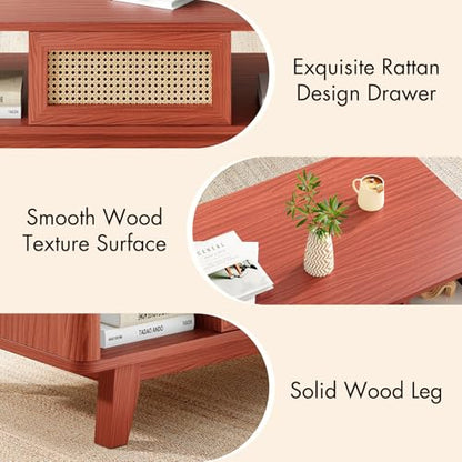 Coffee Table, Mid Century Living Room Tables with Storage, Modern Square with Rattan Drawer, Wooden Living Room Table with Solid Wood Leg - color: Cherry