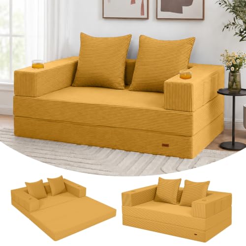 COMAX Futon Sofa Bed, Convertible Sofa Bed, Folding Boneless Couches | Low-Profile Boneless Couch for Living Room, 11.8" H Low Seat Small 59" Foldable Floor Sleeper Mattress Lounge Space‑Saving - color: Yellow, size: 59"