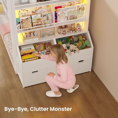 ADORNEVE Low Bunk Bed Twin Over Twin with Bookshelf, Drawers, White | Metal Floor Bunk Bed with RGB Lights, Charging Station, Toy Organizer, Safety Guardrail & Ladder, Small Space - color: White