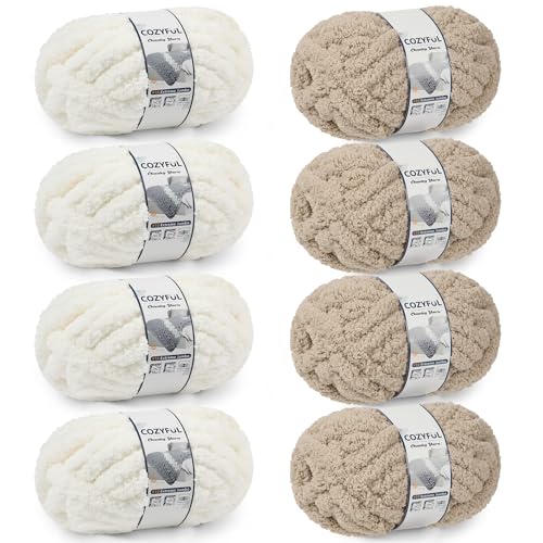 Cozyful Chunky Yarn for Hand Knitting - #10 Chunky Chenille Yarn, Jumbo Big Thick Chunky Yarns for Crocheting, Super Bulky Chunky Knit Blanket Yarns, 8 Skein (22yd, 8oz/Skein), Cream & Khaki - color: Cream & Khaki