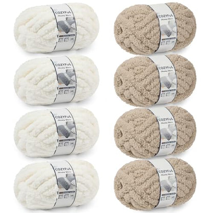 Cozyful Chunky Yarn for Hand Knitting - #10 Chunky Chenille Yarn, Jumbo Big Thick Chunky Yarns for Crocheting, Super Bulky Chunky Knit Blanket Yarns, 8 Skein (22yd, 8oz/Skein), Cream & Khaki - color: Cream & Khaki