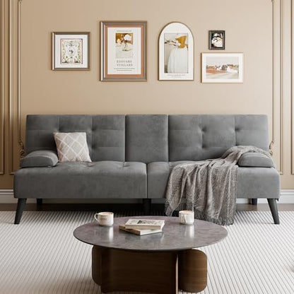 64" Futon Sofa Bed, Convertible Loveseat with 2 Cup Holders, Small Couch with 3 Adjustable Angles， Removable Armrests, Sleeper Sofa for Small Space, Dark Grey - color: Dark Grey