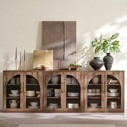 Glass Arched Door Sideboard Buffet Cabinet Set of 2, Rustic Oak | Modular, Multi-Compartment Storage, Adjustable Shelf, Soft Close Hinges, Freestanding, for Dining Room, Living Room - color: Rusti Brown