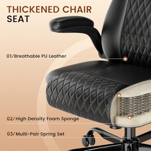 GTPLAYER PU Leather Office Chair, Home Desk Chair with Flip-up Arms, Modern | Ergonomic Back, Comfy Executive Chair for Home Office Gaming, Flexible Rocking, Heavy Duty Chairs, Charcoal Black - color: Charcoal Black