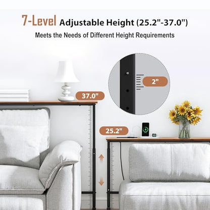 Adjustable Height Narrow Sofa Table with Built-in Power Outlets, 39" Long Console Table Behind Couch Table with Charging Station Skinny Entryway Table for Living Room & Hallway (Rustic Brown) - color: Rustic Brown, size: 39IN