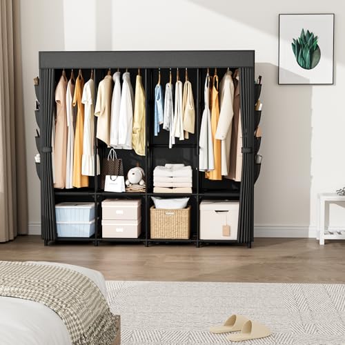 Portable Closet for Hanging Clothes, 67 Inch Wide Portable Wardrobe Closet with Cover, 4 Hanging Rod, Storage Shelves and Side Pockets, Large Free Standing Closet for Bedroom, Black - color: Black, size: 4 Row - 67'' Wide