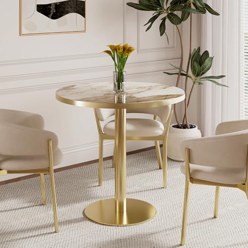 31.5" Circle Tulip Table with Sintered Stone Tabletop, Gold Edge & Pedestal | Modern Round Dining Table, Leisure Bistro Table for Kitchen, Small Places, Living Room, Cafe, Restaurant (Platinum Cloud) - color: Platinum Cloud (Golden Edge), size: Round
