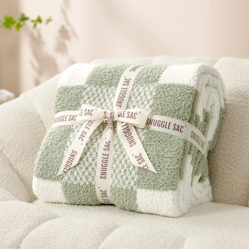 Snuggle Sac Checkered Blanket, Sage Green Throw Blanket for Couch Plaid Microfiber Fluffy Warm Cozy Fuzzy Soft Throw Blanket Reversible Checker Blankets for Sofa, Chair, Bed, 60x80 inches - color: Checker Sage Green, size: Twin(60"x80")