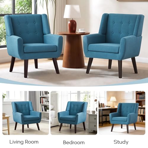 HUIMO Button-Tufted Accent Chairs,Upholstered Reading Living Room Chair,Mid Century Modern Chair with Linen Fabric, Club Chair,Comfy Arm Chairs for Living Room,Bedroom Lake Blue | Mid Century Modern Tufted Armchair with Fabric,Comfy Arm Chairs for Club Li