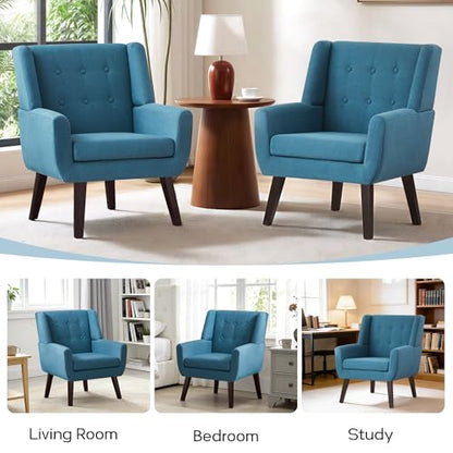 HUIMO Button-Tufted Accent Chairs,Upholstered Reading Living Room Chair,Mid Century Modern Chair with Linen Fabric, Club Chair,Comfy Arm Chairs for Living Room,Bedroom Lake Blue | Mid Century Modern Tufted Armchair with Fabric,Comfy Arm Chairs for Club Li