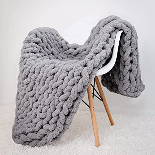 Chunky Knit Blanket Grey Chenille Yarn Tight Chunky Knit Throw Blanket for Sofa Bed 39x39 Handmade Boho Bed Throw - color: Grey, size: 39x39"