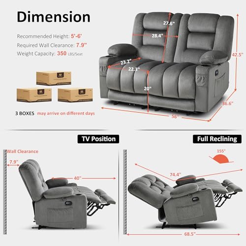MCombo 56 in Reclining Loveseat Recliner with Heat & Massage PR648 (Grey) | 155° Zero Gravity, Dual Charging Ports, Cup Holders, FSC & OEKO Certified - color: Grey, size: Loveseat Recliner with Zero Gravity