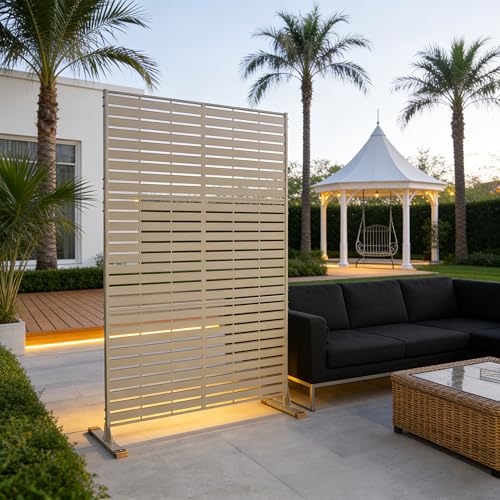 Kozyard Metal Privacy Screen 74" H x 47.2" W Decorative Outdoor Divider | with Stand Panels Freestanding Screen Set for Deck Patio Balcony Garden Outdoor&Indoor (Beige/Horizontal Slat) - color: Beige/Horizontal Slat