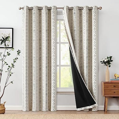 jinchan Boho Blackout Curtains 90 Inches Long for Bedroom Living Room | Black on Beige Geometric Grommet Curtains Room Darkening Thermal Insulated Window Treatments 2 Panels - color: Boho | Black on Beige, size: 52"W x 90"L (Pack of 2)