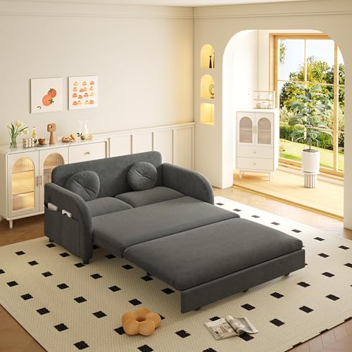 52.4'' Full Size Sleeper Sofa Bed, 3-in-1 Pull Out Chenille Couch, Grey | Cozy Curved Armrest, Loveseat with USB, 2 Round Pillows, Washable Cover, Pocket, for Living Room, Apartment, Small Spaces, RV - color: Grey, size: 52.4'' Full