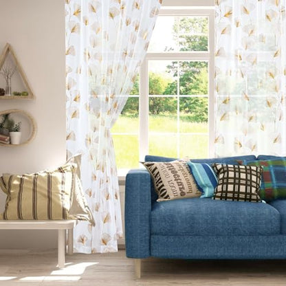 Gold Foil Print Sheer Curtains 63 inches Long, 2 Panels Ginkgo Bronzing Treatment Sheer Curtain, Rod Pocket Window Treatment Panels for Bedroom Living Room - color: Ginkgo/Gold/White, size: 52"W x 63"L (Pack of 2)