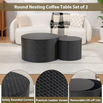 Nesting Coffee Table Set of 2, Round, Black | Hidden Storage, Leather Wrapped, Stackable End Tables, No Assembly Required, For Small Space Living Room Apartment - color: Black