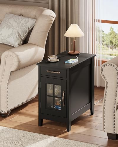 WLIVE End Table with Charging Station, Narrow Side Table for Living Room, Farmhouse Night Stand with Storage, Small Wooden Cabinet Nightstand with USB Ports and Outlets, 23.62" D x 13.78" W x 23.62" H - color: Black