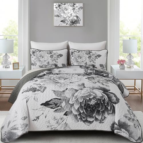 WONGS BEDDING Grey Boho Floral Quilt Set Queen, Elegant Gray Flower Bedspread Coverlet Set for All Season, 3 Pieces Farmhouse Lightweight Reversible Bedding Set with 2 Pillow Shams 96"X90" - color: Grey White, size: Queen 90"×96"