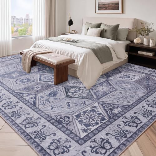 Moroccan Washable Area Rug 5x7 Vintage Patchwork Living Room Rug, Blue/Grey | Distressed Geometric Floral Rug for Bedroom Nursery, Non Slip Low Pile Boho Carpet for Office Dorm Apartment - color: Blue/Grey, size: 5x7 Feet
