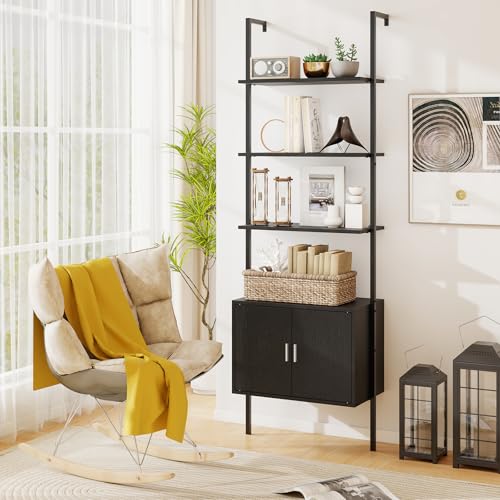 Giantex 72.5" Ladder Bookshelf with Cabinet, 5-Tier Tall Wall-Mounted Shelf w/Storage, Modern Style Kitchen Open Shelving Organizer, Heavy-Duty Metal Frame Display Rack for Living Room,Black - color: Black