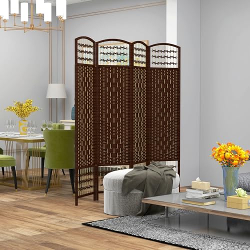 HOMCOM 4 Panel Room Divider, Folding Privacy Screen, 5.6', Brown | Room Separator, Wave Fiber Freestanding Partition Wall Divider - color: Brown, size: 4 Panel