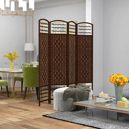 HOMCOM 4 Panel Room Divider, Folding Privacy Screen, 5.6', Brown | Room Separator, Wave Fiber Freestanding Partition Wall Divider - color: Brown, size: 4 Panel