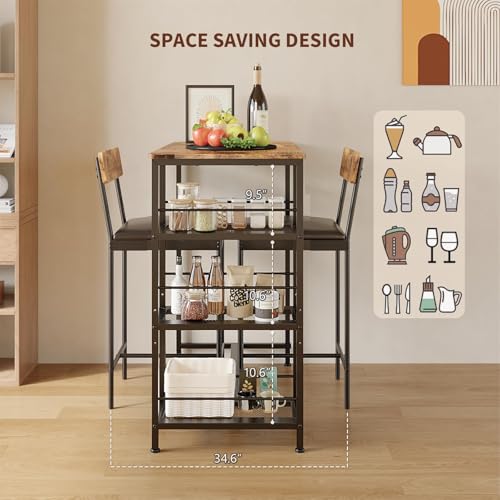 GarveeLife Dining Table Set for 2, Counter Height Bar Table Set with Storage ＆ Stools, High Top Pub Table and Chairs for Kitchen, Dining Room, Sofa Side, Apartment, Breakfast Nook - color: Brown