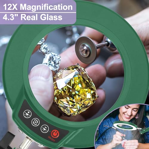 12X Magnifying Glass with Light and Clamp, Real Glass Lens Lighted Magnifier with Stand, 5 Color Modes LED Dimmable Magnifying Desk Lamp Hands Free for Crafts Painting Sewing Close Work - Green - color: Green, size: 12X 17.8inch Clamp