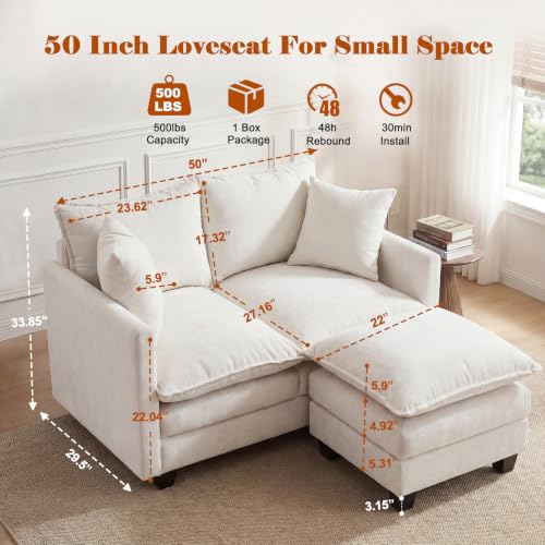 50'' L-Shape Loveseat Sofa with 22" Ottoman, 2 Seat Modern Cloud Couch with 2 Washable Pillows for Small Space Apartment Office Living Room Bedroom, Beige - color: Beige, size: 50"L