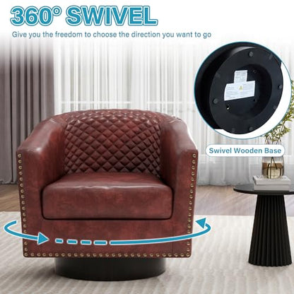 Faux Leather Swivel Accent Chair, Modern Barrel Club Chair, Red Brown | Comfy Living Room Chair, Modern Nailhead Trim Round Armchair Bedroom Reading Seat with Removable Cushion, Wood Frame - color: Red Brown