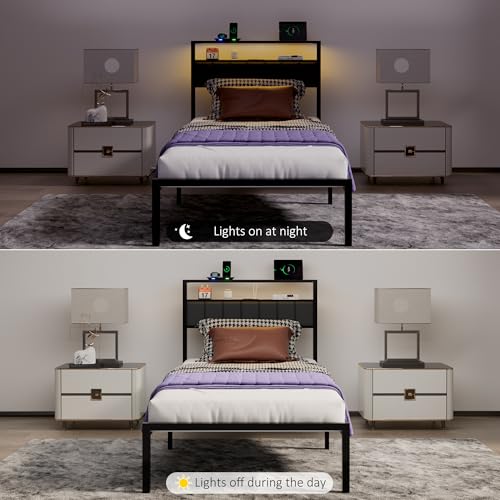 J.Fkne Twin Bed Frames with Charging Station and LED Lights, Twin Size Platform Bed with Metal Slats, Upholstered Headboard with 2-Tier Storage Shelves, No Box Spring Needed, Easy Assembly, Black - size: Twin, style: Casual