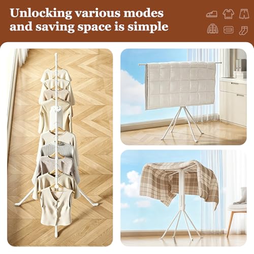 Adjustable Collapsible Umbrella Style Clothes Drying Rack, 4Legs6Telescopic Arms, Space-Saving Freestanding Laundry Airer with Windproof Clips, Easy Setup Indoor Outdoor (White-Plastic) - color: White-plastic