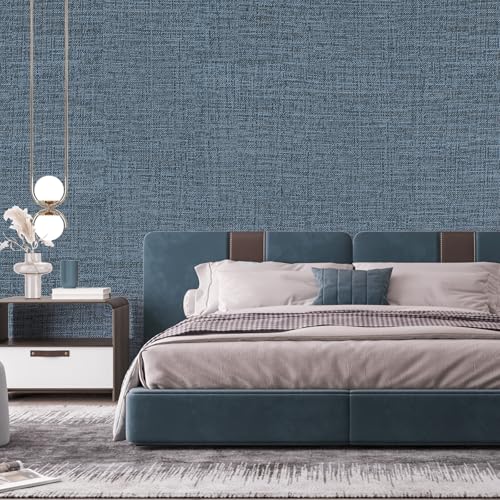 Blue Gray Grasscloth Peel and Stick Wallpaper 17.3"x480" Faux Linen Textured Contact Paper Removable Self Adhesive Vinyl Wallpaper for Bedroom Bathroom Kitchen Cabinets - color: Blue/Gray, size: 17.3" x 480"