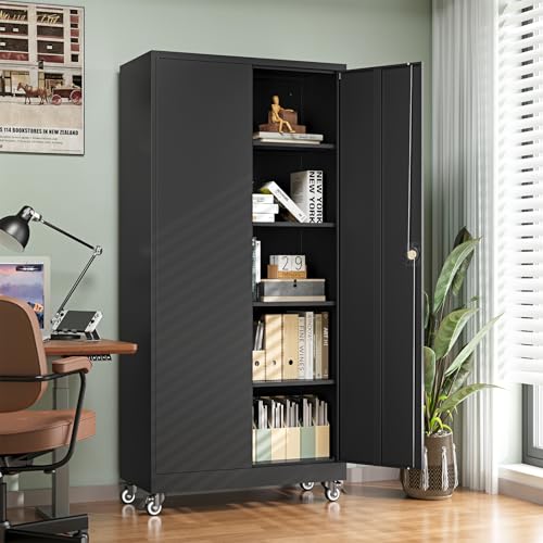 Metal Garage Storage Cabinets with Wheels,Steel Tool Cabinets Lock Door and Adjustable Shelves for Home,Office,Warehouse Organisieren (Black, 75" H) - color: Black, size: 16"D x 32"W x 74.41"H