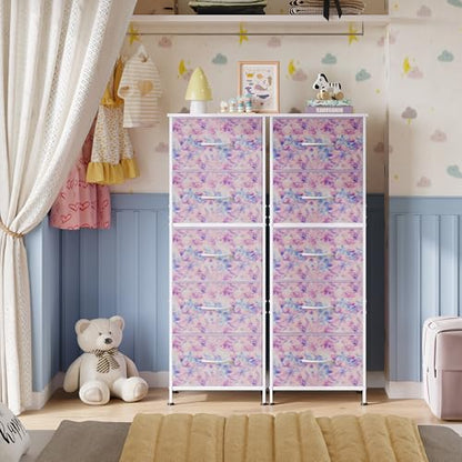 WLIVE Tall Dresser for Bedroom, 5 Drawer Dresser, Tie-Dye | 5 vertical fabric drawers, Tall vertical design, Bedroom or closet use, Dresser for small spaces, Chest of drawers - color: Tie-dye Purple Print