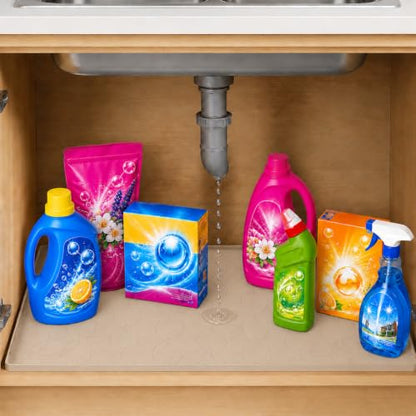34"x22" Silicone Shelf Liner & Waterproof Under Sink Mat(Beige) | Durable Under Sink Organizer Tray with Raised Edge, Protects Bottom Cabinets & Shelves from Leaks & Cleaning Supplies - color: Beige