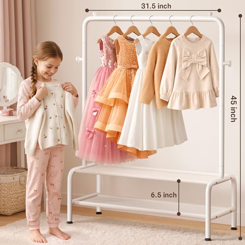 Kids Clothing Rack - Dress Up Clothes Rack - Baby Toddler Closet - Mini Freestanding Coat Racks with 2 Fabric Shelves - Small Kids Costume Wardrobe - Garment Rack for Hanging Clothes Organizer - color: White