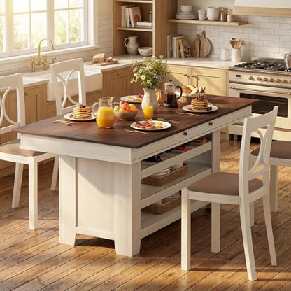 IDEALHOUSE 60" Wood Dining Table for 4-6, Counter Height Kitchen Table with Wine Rack and 2 Drawers, Open Shelves and Sturdy Legs, 4-Tier Stationary Kitchen Island for Dining Room and Kitchen - color: White