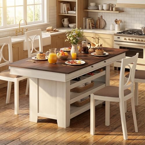 IDEALHOUSE 60" Wood Dining Table for 4-6, Counter Height Kitchen Table with Wine Rack and 2 Drawers, Open Shelves and Sturdy Legs, 4-Tier Stationary Kitchen Island for Dining Room and Kitchen - color: White